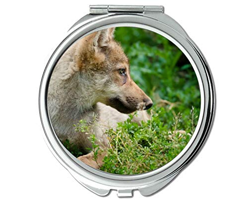 Espelho, espelho compacto, espelho de bolso de mola de lobo animal, ampliação de 1 x 2x