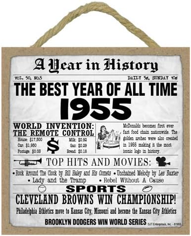 SJT ENTERPRISES, INC. 1955 - O ano da história 5 x 5 placa de madeira com cavalete - Ótimo para aniversário ou aniversário!