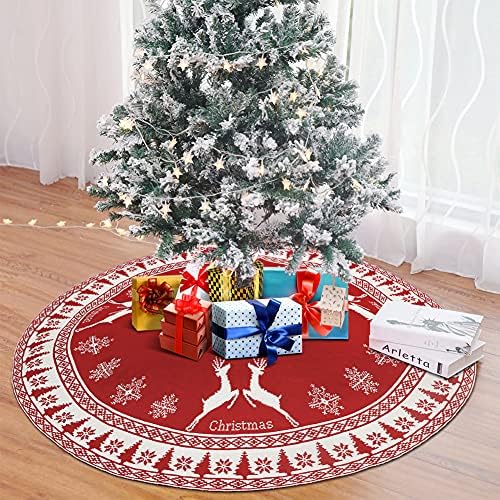 Saia de árvore de Natal do nosso andar 48 polegadas, saia de tricô com floco de neve e rena, vermelho e branco rústico de dupla face