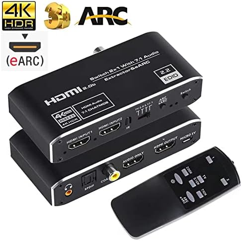 EARC HDMI AUDIO EXTRATOR DE AUDIO 4K@60HZ, BolaAZUL 2x1 HDMI 2.0 Chave de extrator de áudio 2 entrada 1 saída 18 Gbps