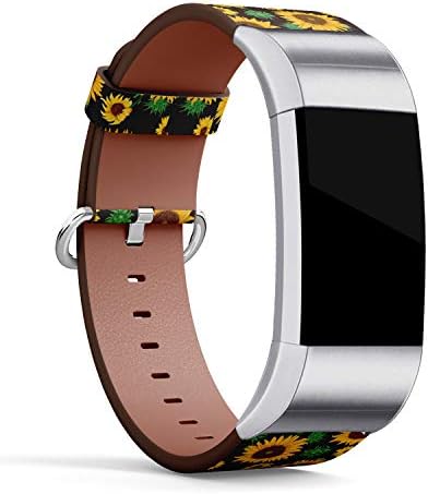 Bandeira de vigia Q-Beans, compatível com carga Fitbit 2, Substituição de pulseira de pulseira de pulseira de couro acessório // girassóis no padrão preto