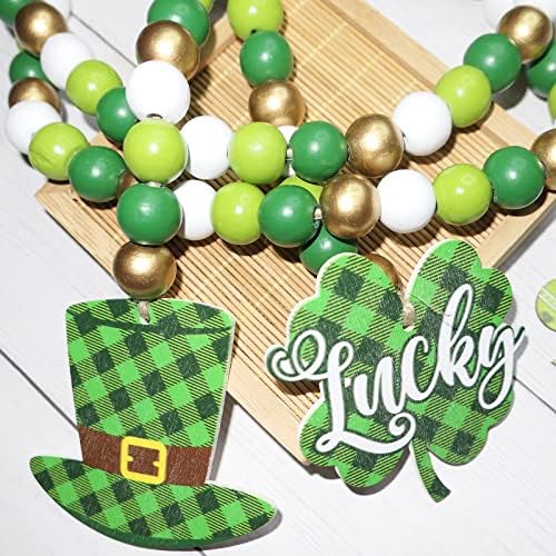 Haddiy St Patricks Day Wood Garland com borla, Garland rústica de miçangas rústicas com verde shamrock e chapéu