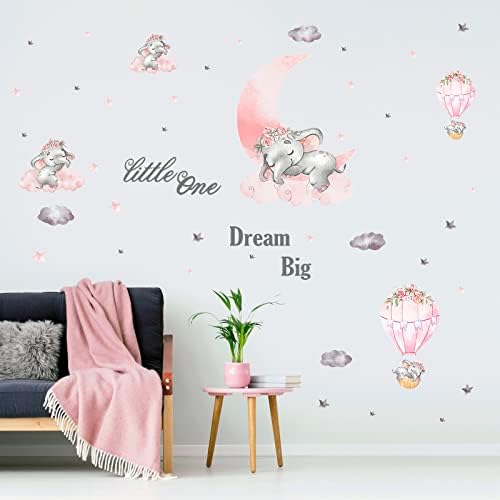Sonhe Big Little One One Pink Elephant Wall Adreters, Jopbeng Moon Balão de ar quente Cinza estrelas Decalques de parede