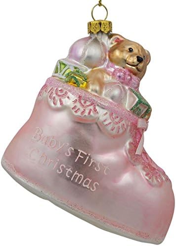 Urso de pelúcia no primeiro ornamento de Natal do bebê de bota rosa 3,25 polegadas