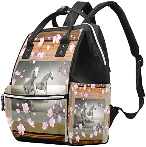 Mochila de viagem Guerotkr, bolsa de fraldas, bolsas de fraldas de mochila, quadro de madeira, cavalo, casal branco cinza branco