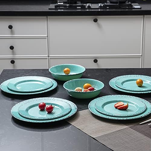 Conjunto de utensílios de melamina, serviço para 4, pratos e tigelas definidas para uso externo e interno, inquebrável, lava -louças seguras, azul