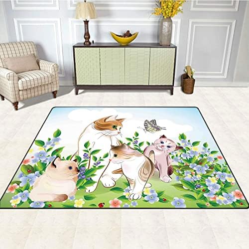 Tapetes de banho de gato tapetes de banheiro, gatinhos no campo de prado de flores Família de gatos felizes com borboleta