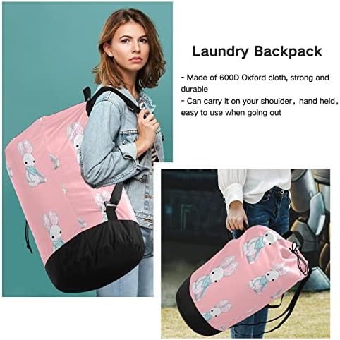 Bolsa de lavanderia de coelhos de Páscoa rosa com alças de ombro de lavanderia Backpack Bolsa Fechamento de Custring Durnato Handper para Camp Home Essentials Derm