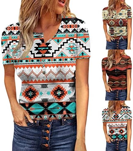 Iuhan feminino tops tops western asteca de estilo étnico geométrico tamis de impressão geométrica de manga curta v botão
