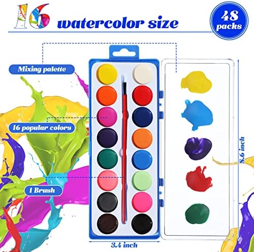 48 Pacote de tinta em aquarela de pacote 16 cores laváveis ​​tintas aquarela de tinta a granel com pincéis para crianças