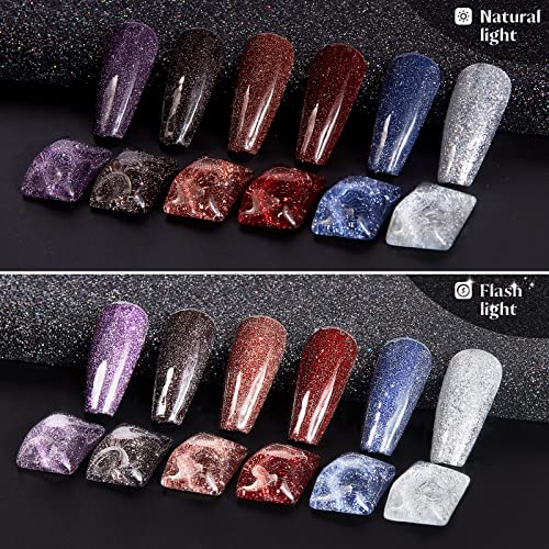 Gellen Reflexive Glitter Gel Achanet, kit de polimento de gel holográfico de 6 cores, kit de esmalte de unhas com brilho