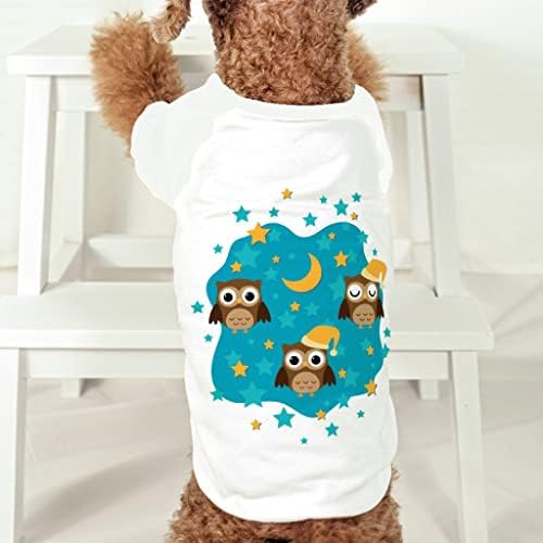 Camiseta de cão de padrão de coruja - Lua e estrelas camisa de cachorro - roupas de cachorro gráfico - branco, l