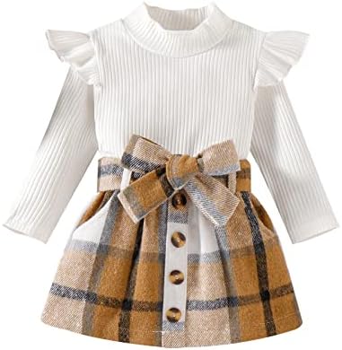 Criança de garotas de meninas de meninas de moda roupas de camisa de camisa com nervuras + vestido mini -peito xadrez vestido de roupas de 2 peças de 2 peças