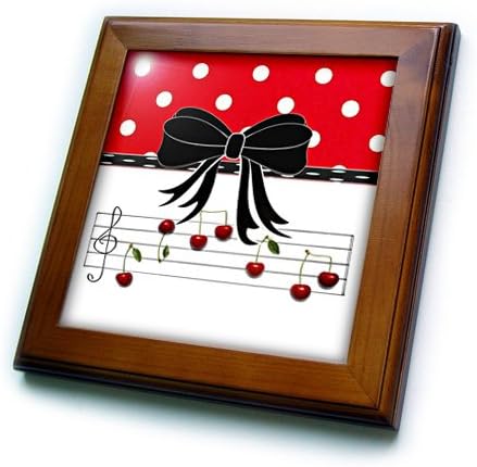 Imagem 3drose de notas musicais de cerejeira com arco e bolinhas vermelhas emolduradas, 6 x 6