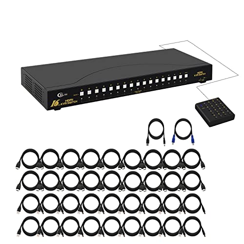 Cklau 4KX2K HDMI KVM Switch 16 Porta com cabos, suporte para montagem de rack KVM Suporte HDCP, EDID para Windows,