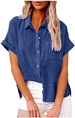 Camisas de linho de algodão para mulheres de verão casual de lapela sólida no topo da blusa de manga curta de manga curta