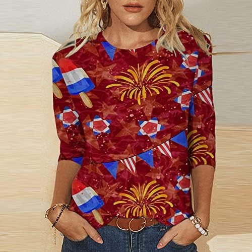 Camiseta da blusa para meninas verão outono 3/4 de manga barcos de algodão pescoço de bandeira americana capri blusa casual di