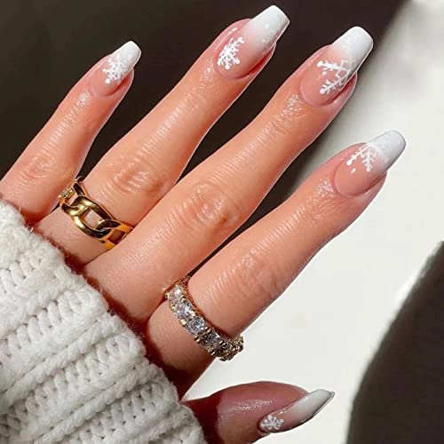 NEWS FALSO DE NATAL Pressione o comprimento médio em unhas com designs de floco de neve caixão unhas falsas unhas brancas dicas de tampa completa bastão brilhante nas unhas inverno natal acrílico unhas para mulheres e meninas 24pcs