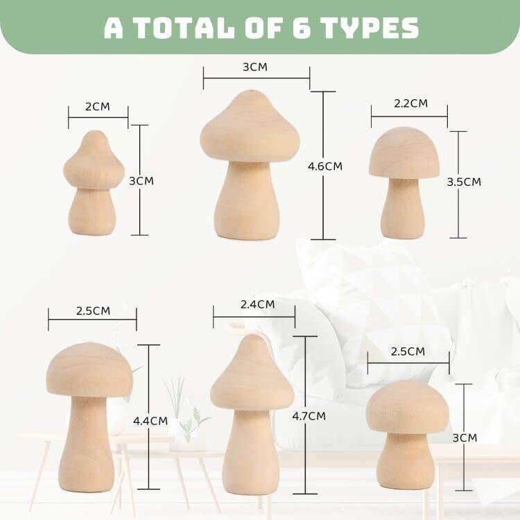 Pllieay 18 peças cogumelos de madeira inacabados 6 tamanhos diferentes cogumelos de madeira sem pintura para artesanato infantil