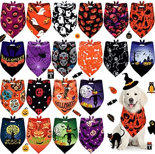 20 peças Halloween cachorro bandanas a granel macio e respirável ajustável Bat padrões fantasmas de impressão cães de cães para