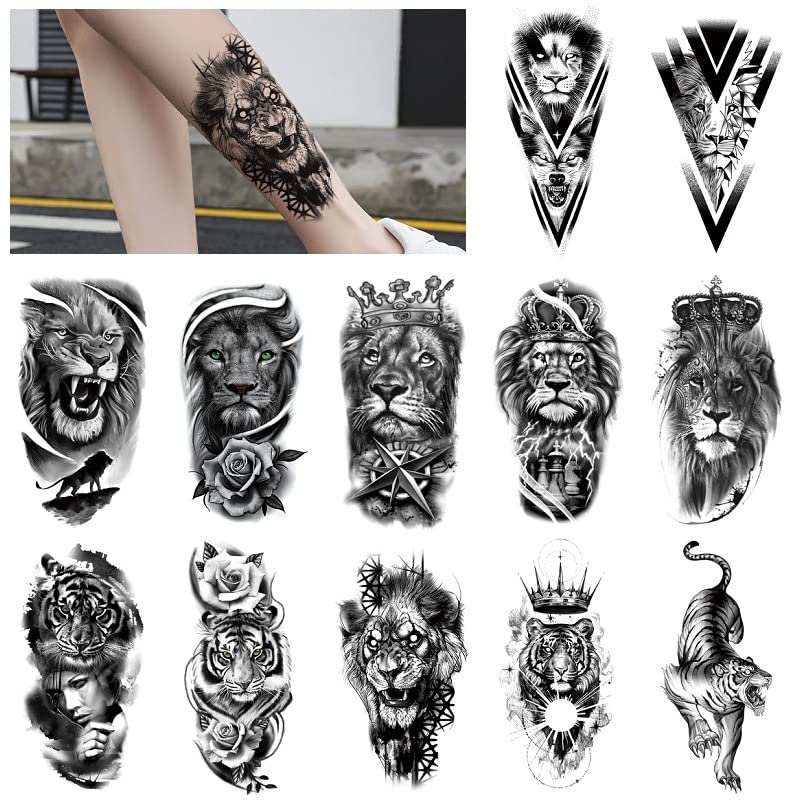 Interookie 12pcs/tatuagem de pacote Conjunto de tatuagem Tattoo Sticker Tiger Tigre Black Meio braço Transferência de