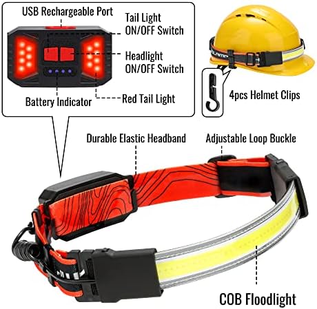 Lanterna de farol de LED, 1000lm de 230 ° de feixe largo largo USB luz da cabeça recarregável com luz traseira e 16 clipes de faróis à prova d'água para correr, andar de bicicleta e acampar