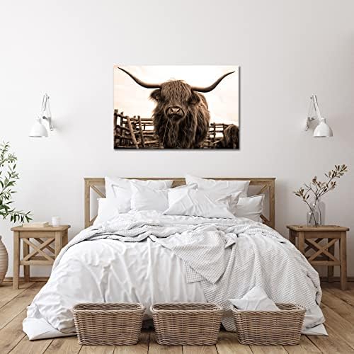 Nachic Wall Animal Canvas Arte da parede Sepia Highland Cow Pictures Prints Longhorn Cattle Wall Painting Art Poster Vintage Obra de arte Decoração da parede da sala de estar 24x36