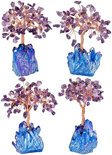 Pacote MookaitEdecor - 2 itens: Árvore de cristal de ametista com cristais de cluster de titânio azul Base e 1 lb de formato irregular de titânio com revestimento de rocha revestida de rocha pontos de cristal para decoração de cura de cristal