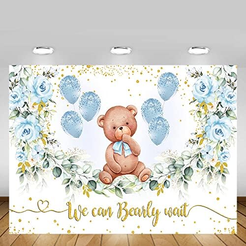 Mehofond 7x5ft Bear Boy Baby Charf Party Party Boration Floral Floral Background Gold Glitter Dots Balões azuis azuis.
