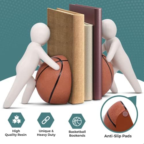 Joyvano Basketball Bookends - Decorative Sports Books for Kids - Livros exclusivos e pesados ​​Terminos para segurar livros - Decoração de quarto de basquete para meninos - titular de livros para prateleiras