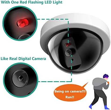 Wali Dummy Fake Segurança Câmera CCTV Dome com luz LED vermelha piscando com adesivos de adesivos de alerta de segurança, 4 pacotes, branco