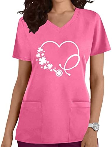 Escritório de trabalho camiseta uniforme das mulheres de manga curta V camiseta de blusa gráfica de coração floral para meninas
