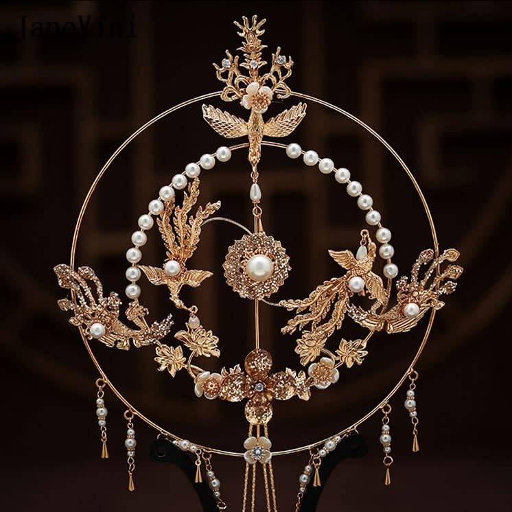 Jkuywx chinês Bridal Hand Bouquet Tipo de Fã Artificial Flor Golden Hollo Hollow Round Fan Wedding Jewelry Acessórios