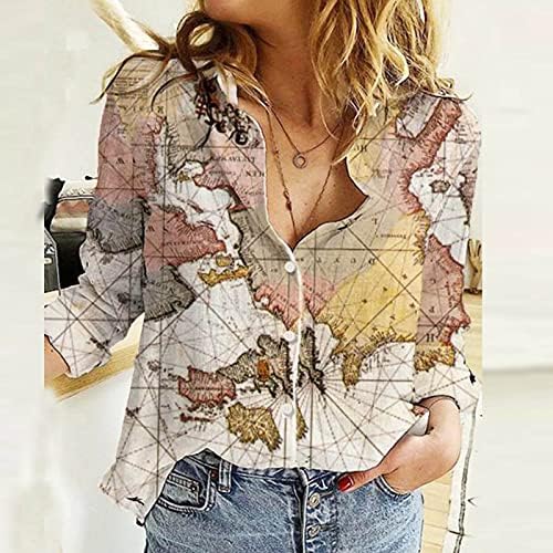 Mapa feminino mapa de impressão gráfica de linho camisas de algodão de manga comprida geometria vintage botões soltos imprimir blusa de lapela