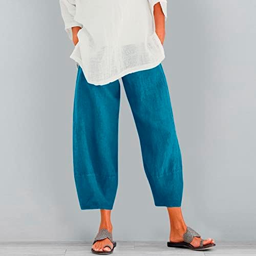 Calça algodão -algodão da cintura Cultura solta cor pura e calça elástica com bolso feminino feminino casual