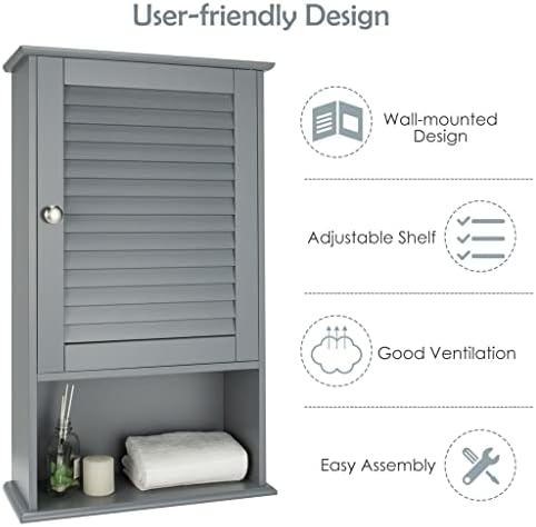 Armário de armazenamento montado na parede do banheiro WODMB com porta única com prateleira ajustável em altura cinza