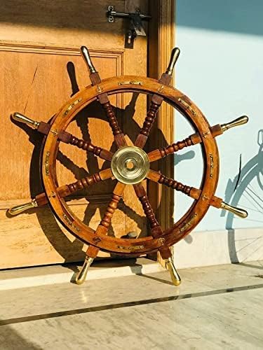 Pólos de latão de 36 '' de polegada manipulam a roda do navio | Capitães de âncora de latão Roda | Roda de madeira vintage de madeira