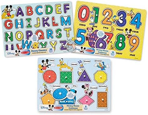 Melissa e Doug Disney Wooden Peg Puzzles Conjunto: letras, números e formas e cores - letras e quebra -cabeças de números, quebra -cabeças da Disney, quebra -cabeças de madeira para crianças pequenas e crianças com mais de 3 anos