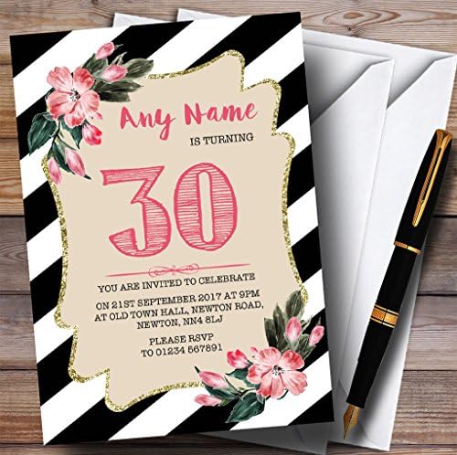 Flor rosa listrada preta e branca 30ª festa de aniversário personalizada convites