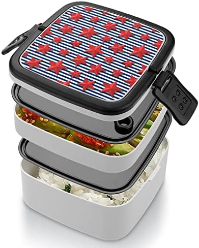 Red Stars Blue Stripes Lanch Box Portátil Bento Box de camada dupla de grande capacidade Recipiente de alimentos para almoço com colher