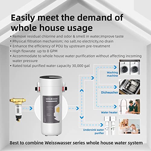 Sistema de filtro de água da casa Weiss Wasser, filtração em 2 estágios, redução de sedimentos, cheiro de cloro e odor, 8gpm de fluxo grande, adequado para uso em família grande, WCP03. BH01