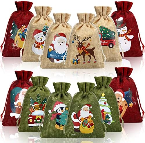 NUOGO 48 PCS Sacos de presente de estopa de Natal com cordões, sacos de linho saco de Natal Xmas pequenas sacolas de guloseimas sacolas para festas de festa de natal, 12 designs