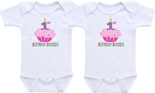 Primeiro Aniversário Buddies - Garotas gêmeas Primeiro equipamento de aniversário de bodysuit de garota gêmea