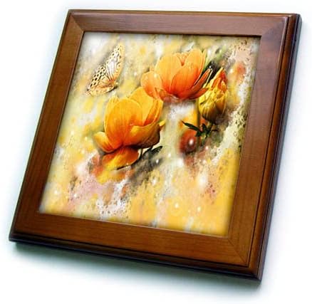 Imagem de 3drose de flores douradas e pintura de borboleta - azulejos emoldurados