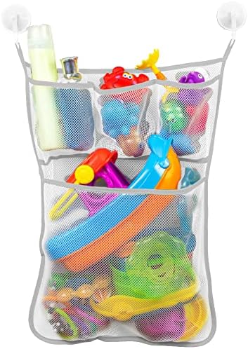 S&T Inc. Baby Bath Toy Storage para banheira com bolsos, porta -brinquedos infantis ou caddy de chuveiro de malha, mantém brinquedos infantis, sabonetes ou xampus, rede de 14 polegadas por 20 polegadas com ganchos incluídos, cinza, 1 pacote