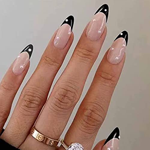 Black French Diamond Drop Drop Pérola Pérola Almond unhas em unhas falsas, manicure artificial de dedos, unhas falsas reutilizáveis