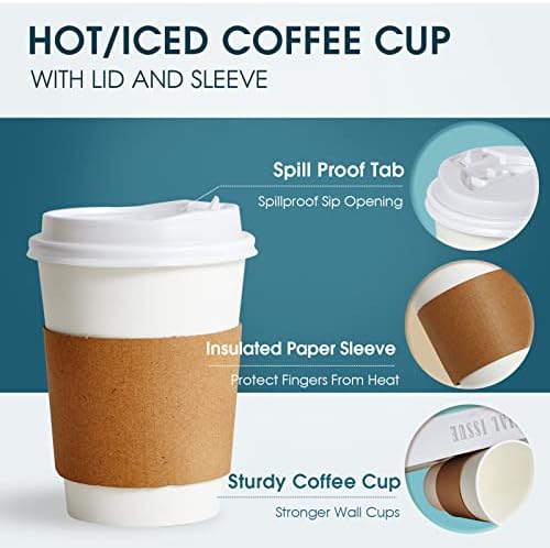 [50 pacote] xícaras de café de 12 oz, xícara de café descartável de papel com tampas, mangas e agitadores, bebidas quentes/frias de bebidas para água, suco, café ou chá, adequadas para casa, lojas e cafés