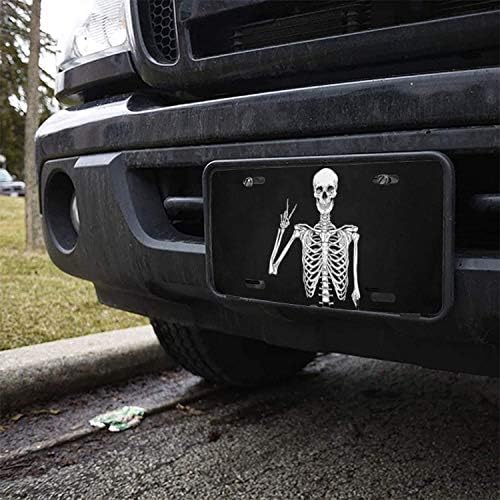 Eckoi Skull Squeleto humano Posando Padrão de design Durável e forte Placa frontal de alumínio, etiqueta de vaidade, placa de carro de metal, placa de alumínio de alumínio para homens/mulheres/menino/meninas carro, 6 x 12 polegadas