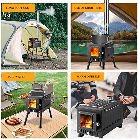 AOMXAY Wood Burning fogão, fogão a lenha de acampamento, fogões portáteis de tenda quente queimando madeira, desenho de combustão pós -parede interior dupla com pés estendidos. Para cozinhar e aquecer