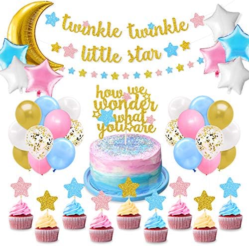 Gênero Revelação Decorações de festa Twinkle Twinkle Little Star Banner Pink Blue Gold Star Bolo Topper Lua e Star Balloons Boy ou Girl Ele ou ela Supplies de chá de bebê